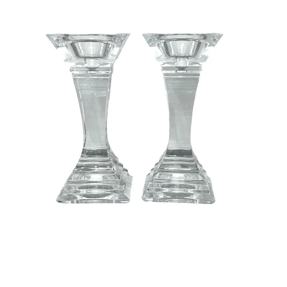 MID CENTURY VINTAGE LEAD CRYSTAL PEDESTAL CANDLESTICKS - SET OF 2